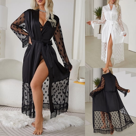 Sakmal Women's Robes Long Length Satin Lightweight Bathrobe for Women Cozy Black Ladies Robe L