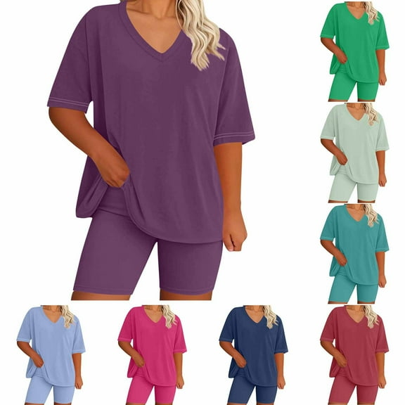 Sakmal Women's Shorts Sets High Waisted Plus Szie 2 Piece Outfits Blue Solid Casual Womens Shorts with Pockets