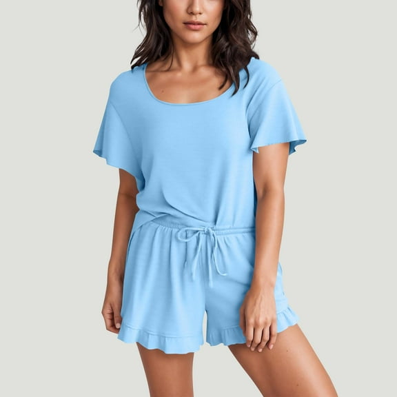 Sakmal Women's Shorts Sets Wide Leg Drawstring Plus Size 2 Piece Outfits Blue Solid Casual Womens Shorts with Pockets