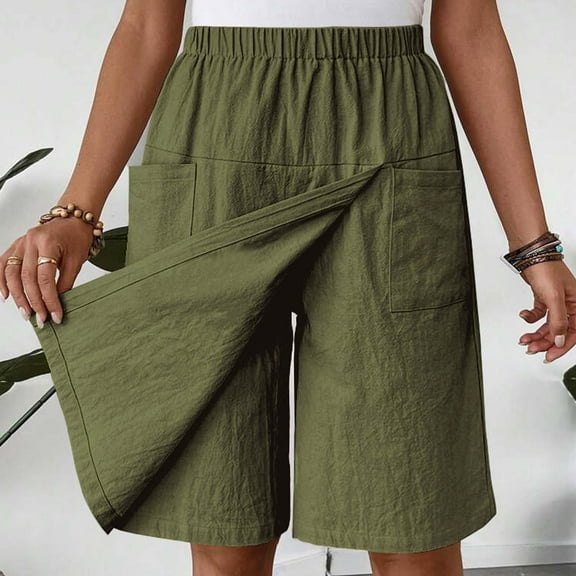 Sakmal Women's Shorts Wide Leg Plus Size Bermuda Comfy Green Solid Womens Shorts with Pockets