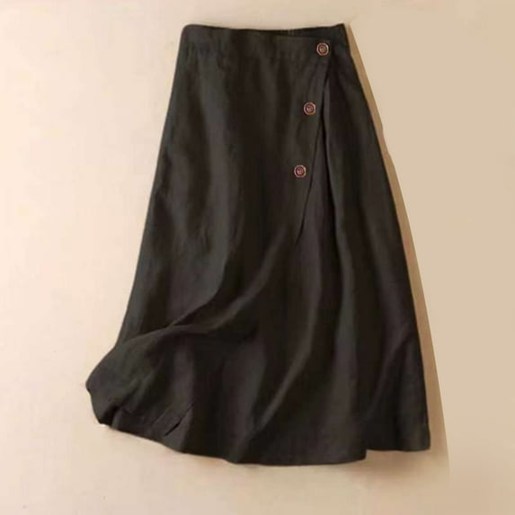 Sakmal Women's Skirts Black Cotton Linen Long Wrap Solid A line Skirts with Pockets