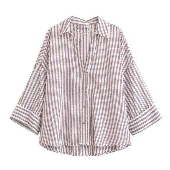 Sakmal Women's Tops Brown Button Down Cute Shirts Striped Collared Long Sleeve Shirts for Women