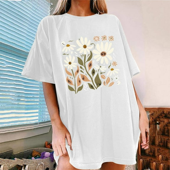 Sakmal Women's T Shirts Short Sleeve Floral Crew Neck Oversized Tops Casual White T-Shirts Women's Tops