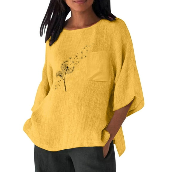 Sakmal Womens 3/4 Sleeve Blouse Graphic Yellow Shirts Crew Neck Blouses Casual Tops for Women