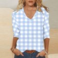 thumbnail image 1 of Sakmal Womens 3/4 Sleeve Summer Tops Plaid V-Neck Loose Fit Shirts Blue Blouses Casual Tops for Women, 1 of 5
