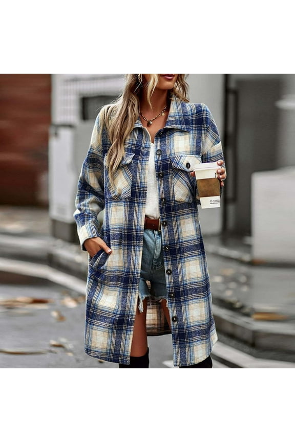 Womens Barn Jacket Blue Duster Flannel Jacket Fashion Women's Clothing M