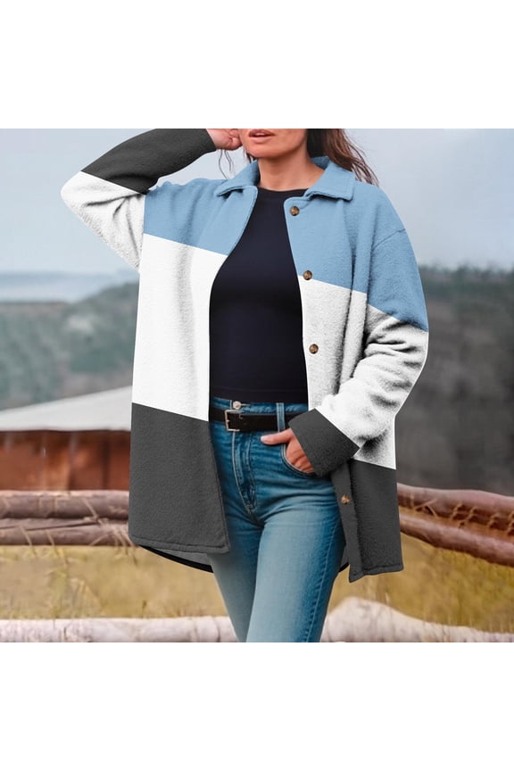 Womens Barn Jacket with Collar Fleece Flannel Blue Plus Size Coat Outerwear Women Jackets Fall XXL