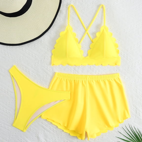 Sakmal Womens Bikini Btahing Suits 3 Piece High Waisted Back Smoothing Swimwear Beach Yellow Solid Swimsuits for Women XL