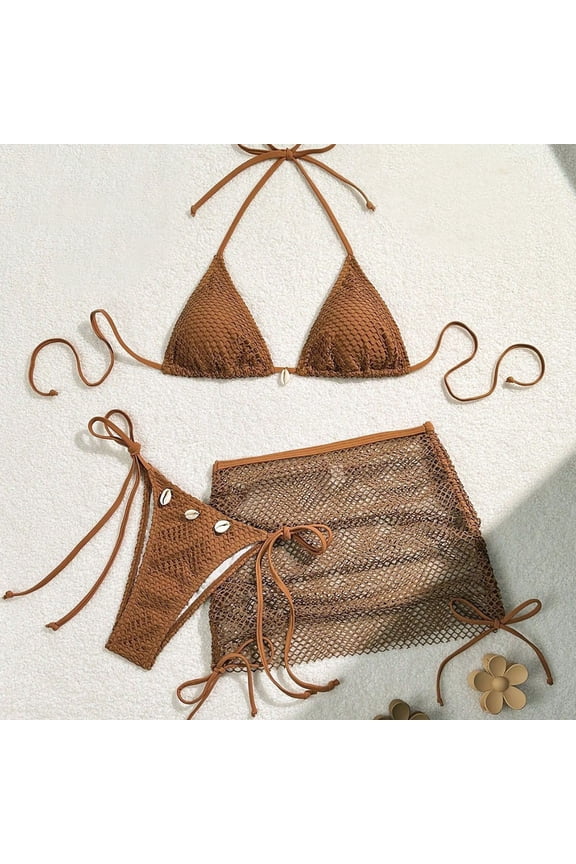Womens Bikini Sets Plus Size 3 Piece Extra Lift Swimwear Brown Summer Solid Womens Bathing Suits M