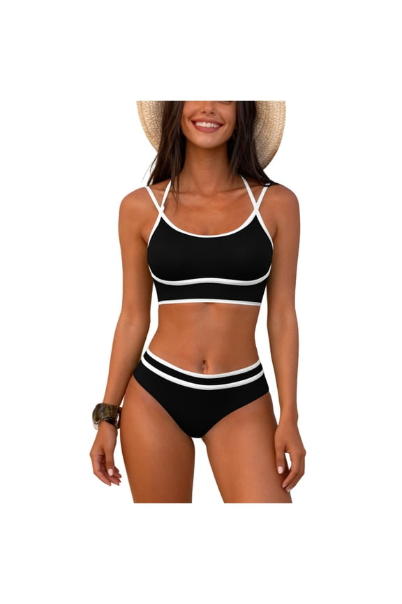 Womens Bikini Sets Tummy Control Double Support Swimwear Tropical Solid Black Womens Bathing Suits S