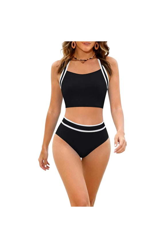 Womens Bikini Swimsuits High Waisted Double Support Swimwear Solid Black Hawaiian Womens Swimsuits M