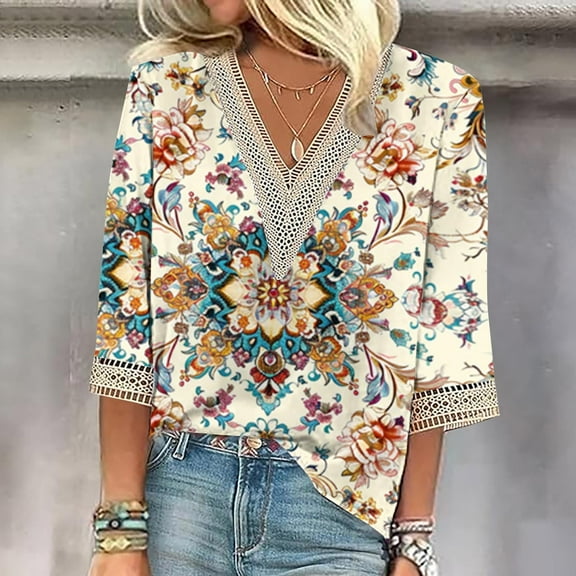 Sakmal Womens Blouse Boho 3/4 Sleeve Floral Yellow Shirts Lace Neckline Blouses Spring Tops for Women