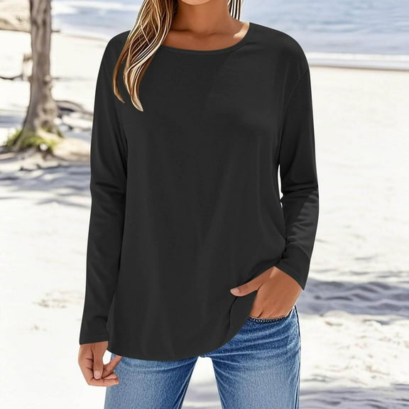 Sakmal Womens Blouses Black Workout Fashion Tops Solid Crew Neck Long Sleeve Blouses for Women