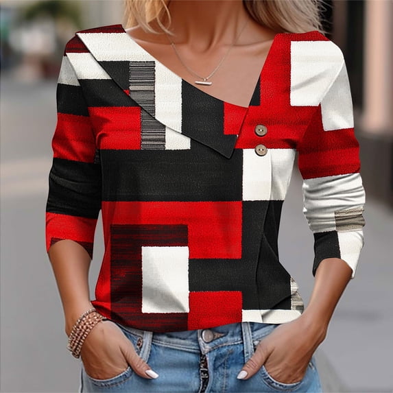 Sakmal Womens Blouses Garnet Button Down Cute Shirts Collared Long Sleeve Color Block Tops for Women