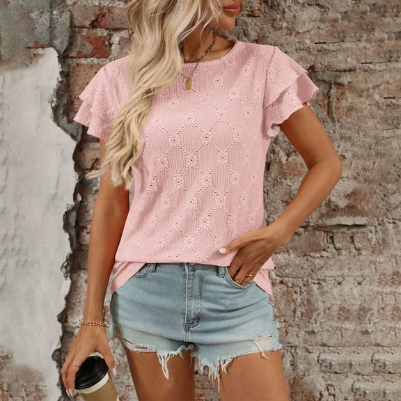 Sakmal Womens Blouses Puff Short Sleeve Pink Ruffle Fashion Blouses Womens Spring Tops