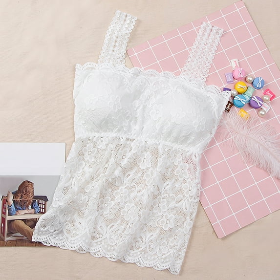 Sakmal Womens Bras Comfortable Tank Style Longline Built-In Bra White Lightly Lined Lace Tank Tops with Built In Bras Girls Bra