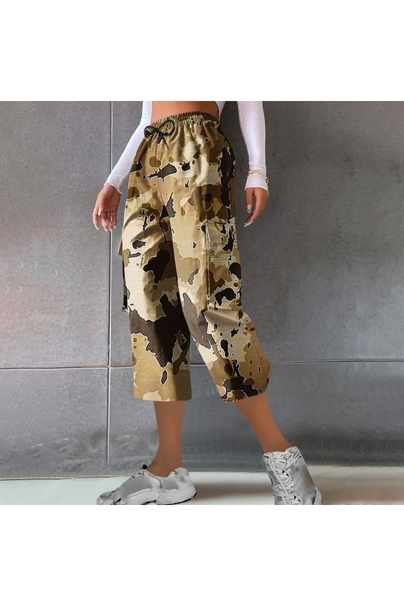 Womens Capri Cargo Pants Plus Size Wide Leg Elastic Waist Pants Spring Lightweight Camo Capris for Women XL