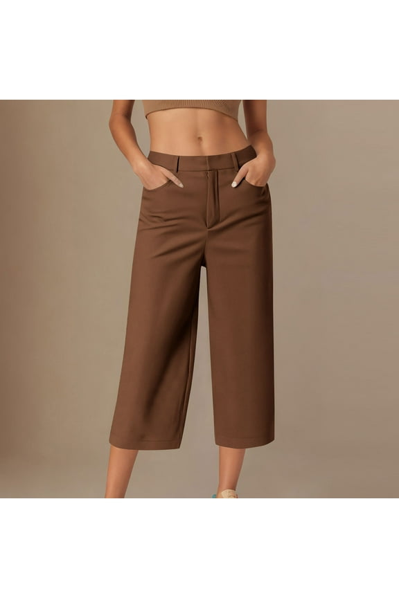 Womens Capri Pants Khaki Brown Wide Leg Work Legging High Waisted Cropped Plain Capris