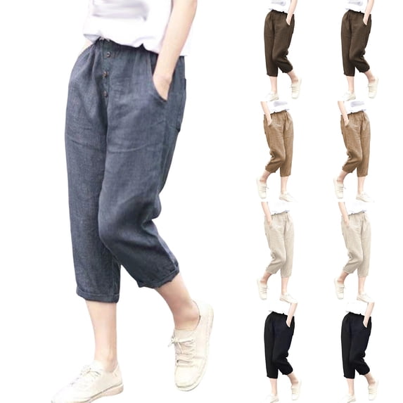Sakmal Womens Capri Pants High Waisted Wide Leg Cotton Linen Pants Trendy Spring Solid Women's Capris L