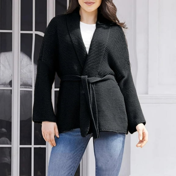 Sakmal Womens Cardigan Sweaters Fashion Fall Winter Open Front Cardigan Long Sleeve Black Sweater with Belt
