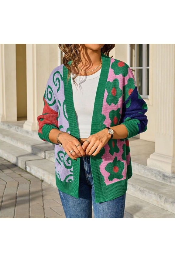 Womens Cardigan Sweaters Trendy Knitted Open Front Cardigan Long Sleeve Green Floral Sweater Top