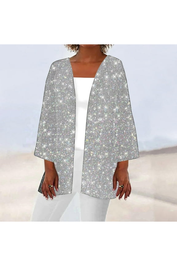 Womens Coats Elbow-Length Cover-Up Silver Loose Fit Cardigan Glitter Flowy Womens Jacket