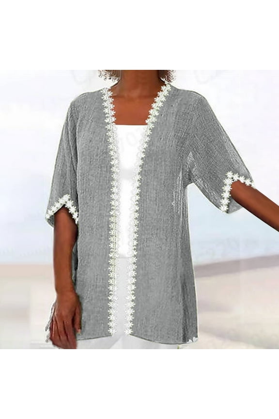 Womens Coats Lightweight Elbow-Length Gray Cover-Up Lace Solid Loose Fit Cardigan Womens Jackets and Coat
