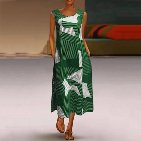 Sakmal Womens Dresses Above Knee Green Sun Dress V-Neck Graphic Sleeveless Ladies Dresses $5