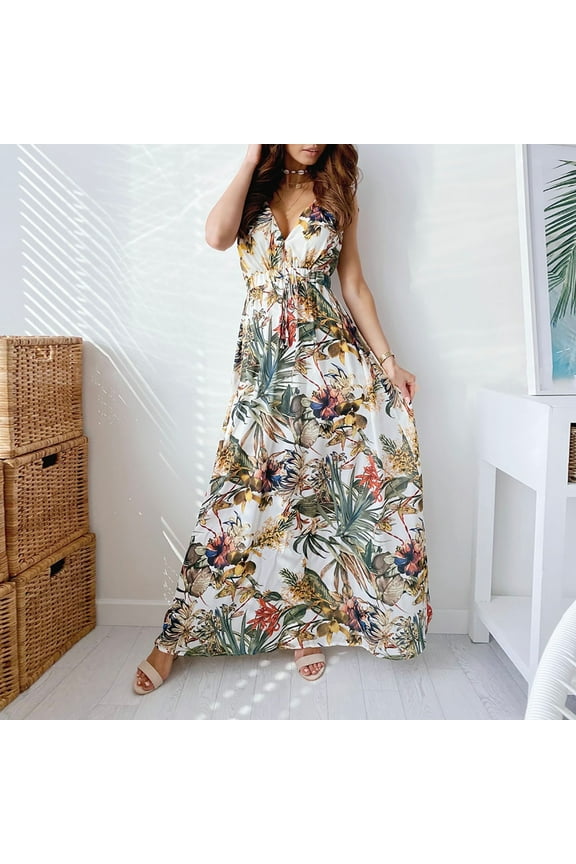 Womens Dresses Sleeveless Deep V-Neck Floral Trendy Maxi Casual Slip Dress Ladies Dresses