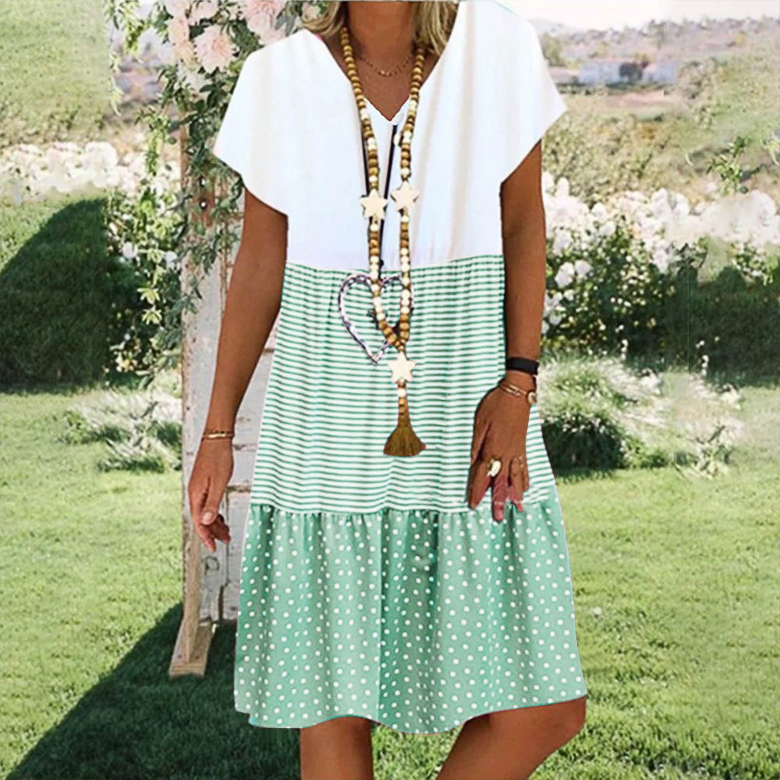 Tiered Ruffle  Dress, Short Sleeve, Knee Length, Polka Dot main image 1