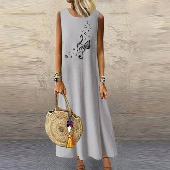Sakmal Womens Dresses Under $5 Sun Dress Maxi Gray Cotton and Linen Sleeveless Crew Neck Pocket Graphic Dresses for Ladies