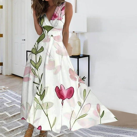 Sakmal Womens Dresses Evening Gown Floral Flowy Comfort Fit Sleeveless White Maxi Faux-Wrap Dress