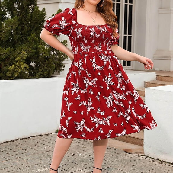 Sakmal Womens Dresses Graphic Boho Pleated Red Short Sleeve Comfort Fit Mid-Length A-Line Dress