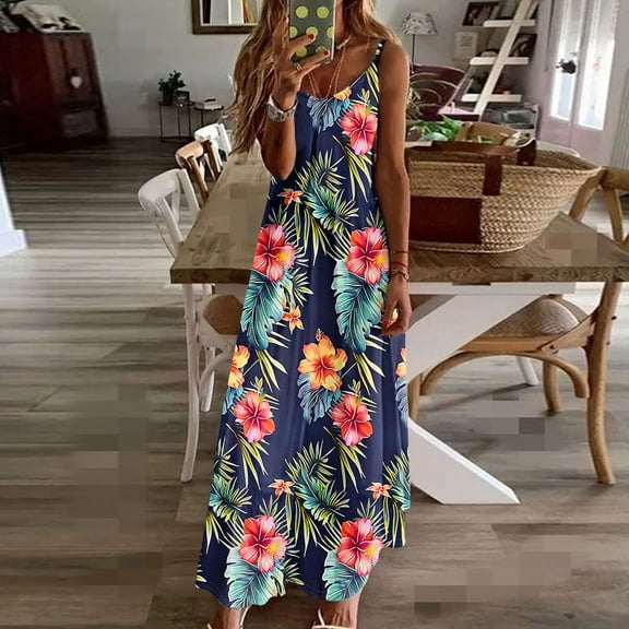 Sakmal Womens Dresses Hawaiian Long Flowy Sundress Dress Floral V Neck Sleeveless Dresses for Women