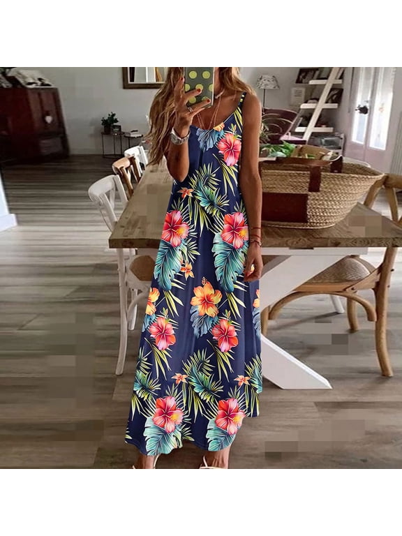 Womens Dresses Hawaiian Long Flowy Sundress Dress Floral V Neck Sleeveless Dresses for Women
