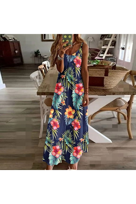 Womens Dresses Hawaiian Long Flowy Sundress Dress Floral V Neck Sleeveless Dresses for Women