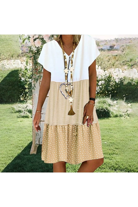 Womens Dresses Knee Length Khaki Shift Dresses Striped Short Sleeve Patchwork Polka Dot Womens Skirts