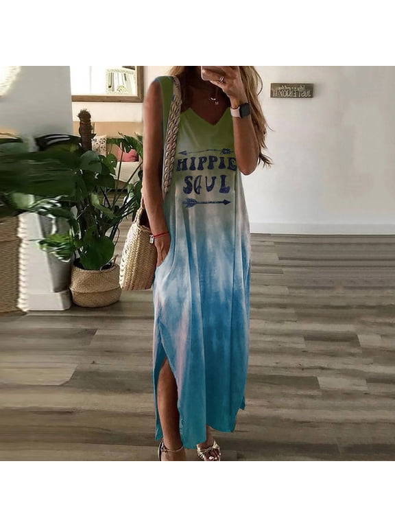 Womens Dresses Maxi Shift Dress Casual Loose Gradient Hippie Soul Sleeveless Ladies Dresses