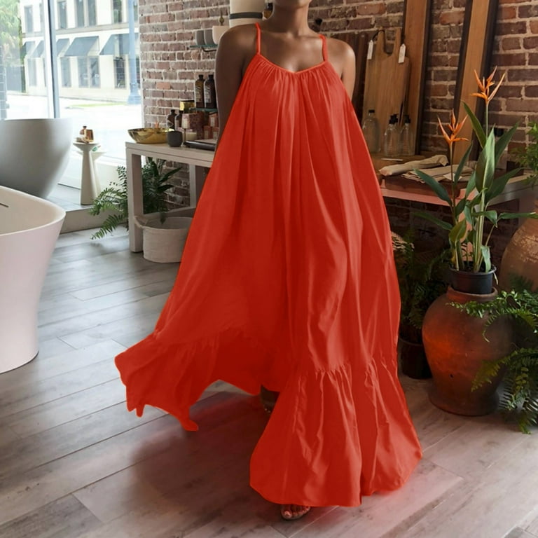 Sakmal Womens Dresses Solid Loose Scrunch Neck Sleeveless Backless Maxi Sexy Slip Dress Ladies Dresses
