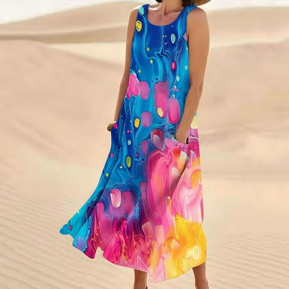 Sakmal Womens Dresses Spring Sundress Sleeveless Scoop Neck Long Tropical Dresses ,Sizes S-3XL