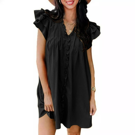 Sakmal Womens Dresses Summer Black Mid-Length V-Neck Pleated Solid Ruffle Sleeveless Shift Dress