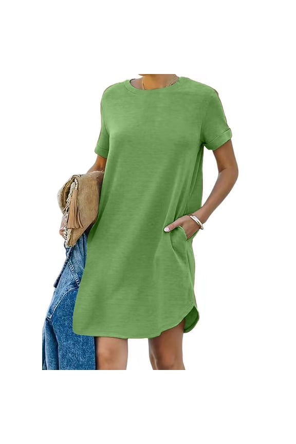 Womens Dresses Summer Mid-Length Crew Neck Green Basic Short Sleeve Solid Loose Fit Shift Dress