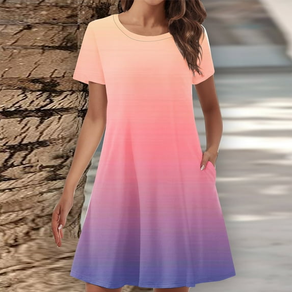 Sakmal Crew Neck Dresses for Women 2024 Mid-Length Pink Gradient with Pocket Short Sleeve Loose Fit Basic Shift Dress