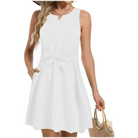 Sakmal Womens Dresses Summer Mid-Length White Notch Neck Sleeveless Solid Pleated Tie A-Line Dress