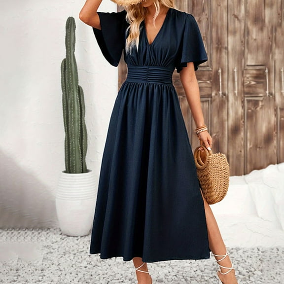 Sakmal Womens Dresses V-Neck Blue Long Short Sleeve Pleated Opening Solid Ruffle A-Line Dress