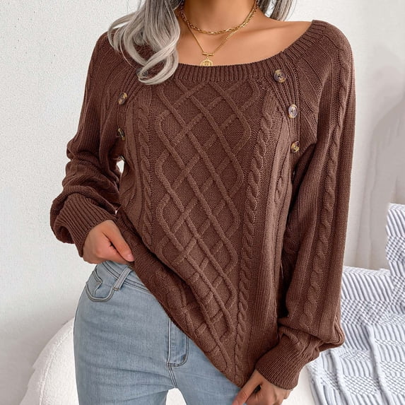 Sakmal Womens Fall Sweaters Cozy Cable Knit Brown Solid Crew Neck Fashion Ladies Sweaters S