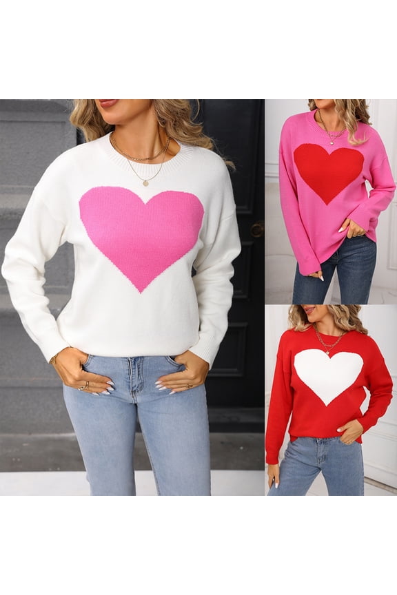 Womens Fall Sweaters Oversized Pink Heart Print Crew Neck Loose Womens Sweaters L