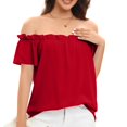thumbnail image 1 of Sakmal Womens Fashion Red Short Sleeve Solid Off-The-Shoulder Chiffon T-Shirts Oversized Shirts for Women, 1 of 6