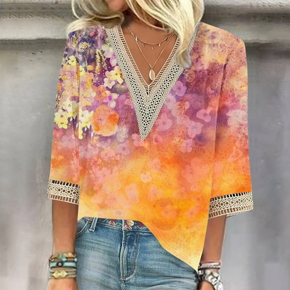 Sakmal Womens Floral Shirt Yellow Patchwork 3/4 Sleeve Shirts Lace Neckline Blouses Spring Tops for Women