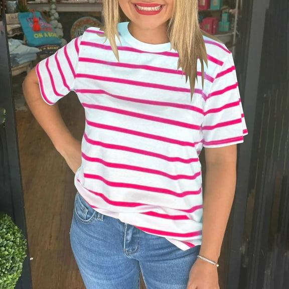 Sakmal Womens Graphic T Shirts Striped Short Sleeve Crew Neck Loose Casual Relaxed Fit Summer Tops For Women